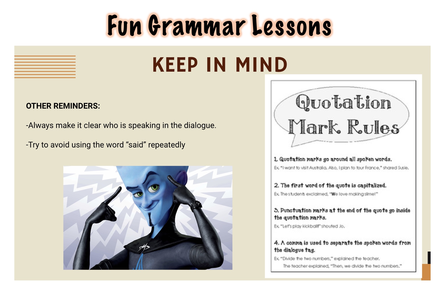 Fun Grammar Lessons: a lesson slide on quotation mark rules